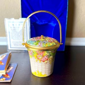 Vintage 1988 Halcyon Days Potpourri Basket Enamel, Wicker Floral, Elizabethan